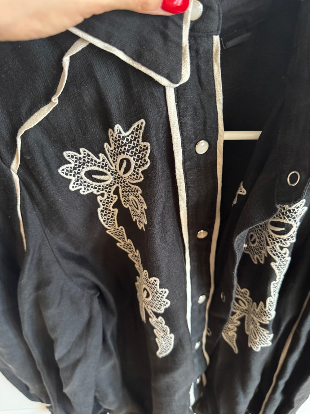 C/MEO Collective Black Blouse with Cream Piping and Embroidered Floral Panels - Picture 5 of 8